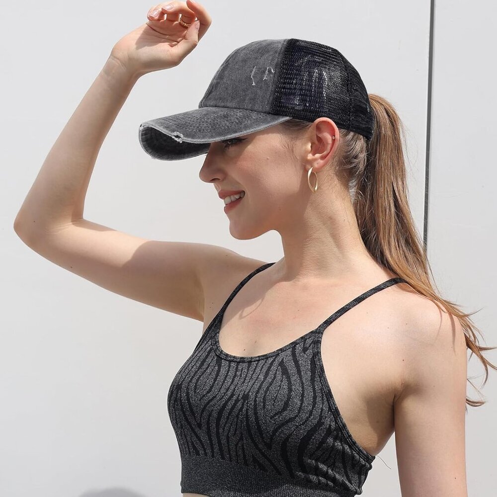 Ponytail Hats Womens Washed Distressed Baseball Cap High Ponycaps Cotton Dad Hat - Picture 6 of 6